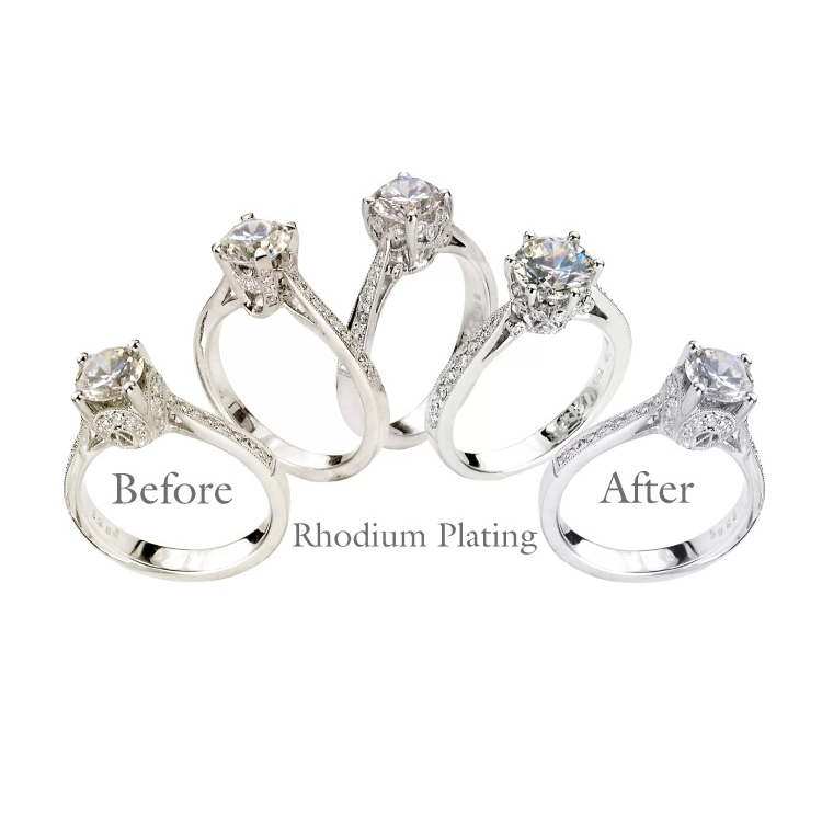 Before and after images of a ring being rhodium plated